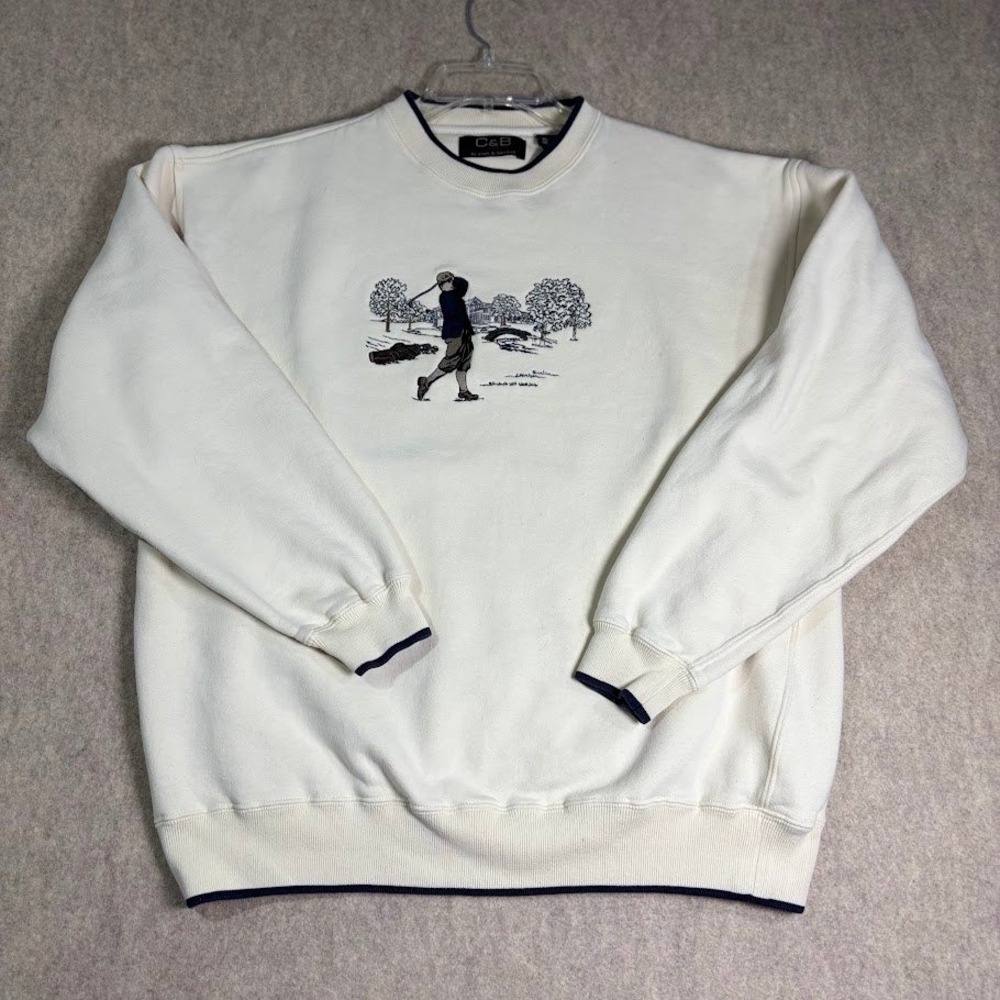 C&B Sport Sweatshirt Mens L White Cotton Blend Golf Embroidered Vintage Classic